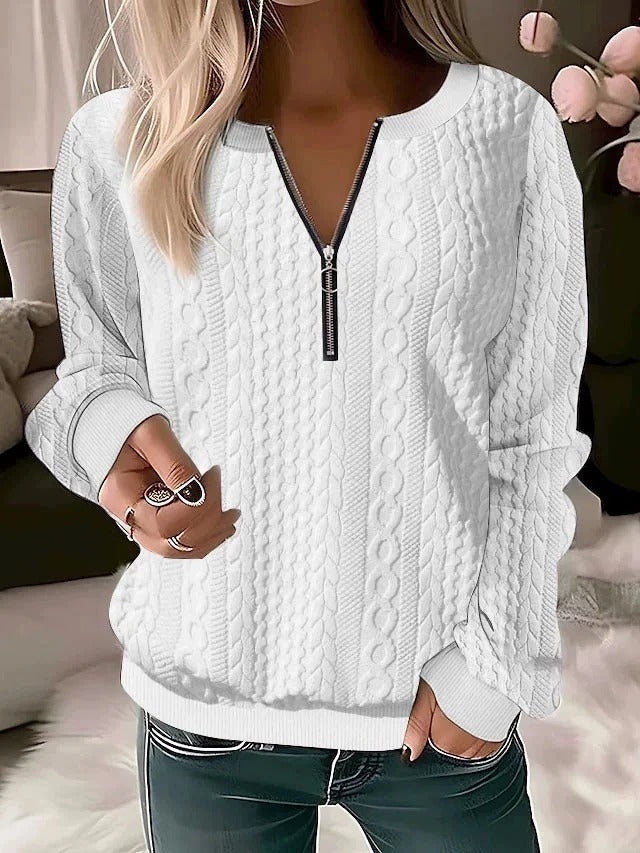 2025 European and American cross-border Amazon independent station autumn and winter new women's clothing long-sleeved solid color V-neck zipper T-shirt top