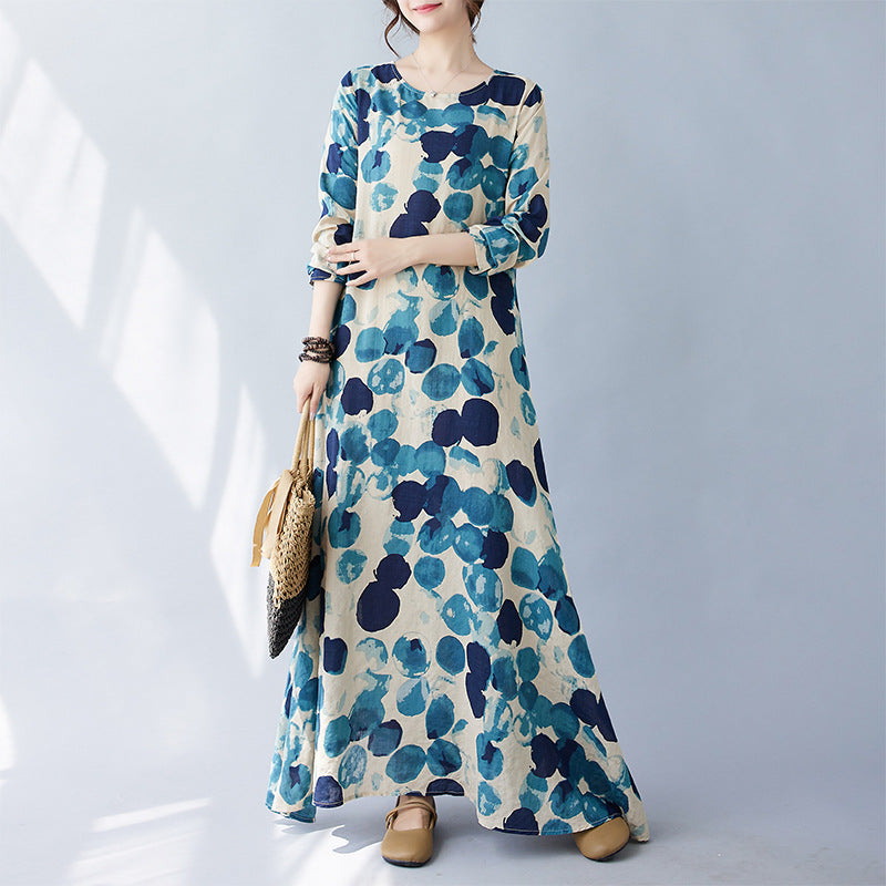 Real shot 2025 spring new literary large size loose printing round neck long sleeve dress women's long dress #9660