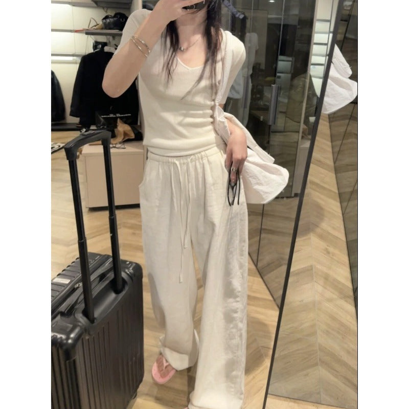 Washed ramie pants 2025 summer elastic waist drawstring casual cotton and linen wide-leg pants women's old money wind thin linen pants