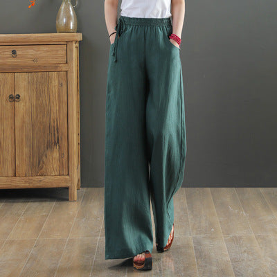 2025 summer new literary loose solid color cotton and linen elastic waist wide-leg pants trousers women's casual pants #9793 #