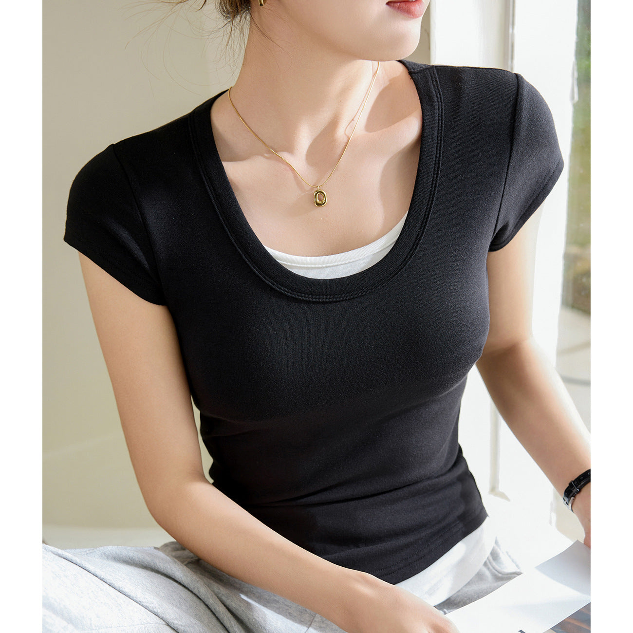 [Contrast color without dyeing] Pure cotton T-shirt women's summer short-sleeved 2026 new curved splicing fake two-piece bottoming shirt