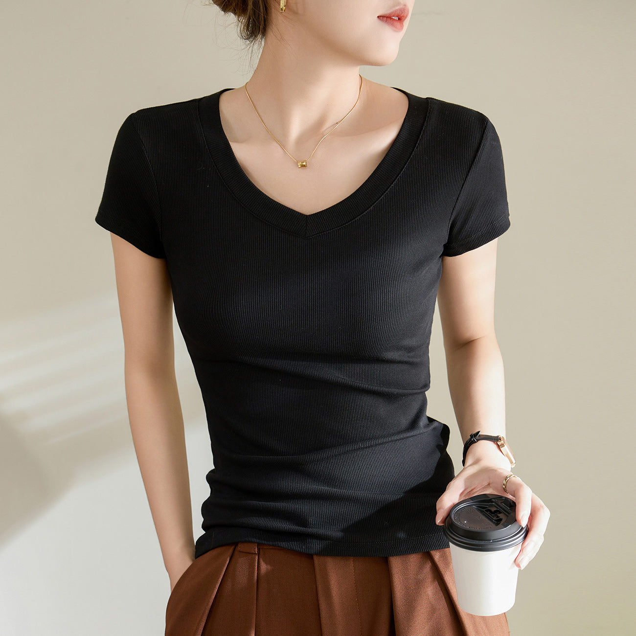 [High quality & selection of pure cotton] V-neck T-shirt women's short-sleeved 2026 summer new thin top bottoming shirt