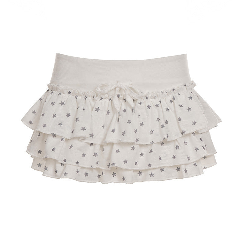 Sweet and pure wind star printing contrasting color elastic double-layer cake skirt y2k girl thin and versatile personality skirt
