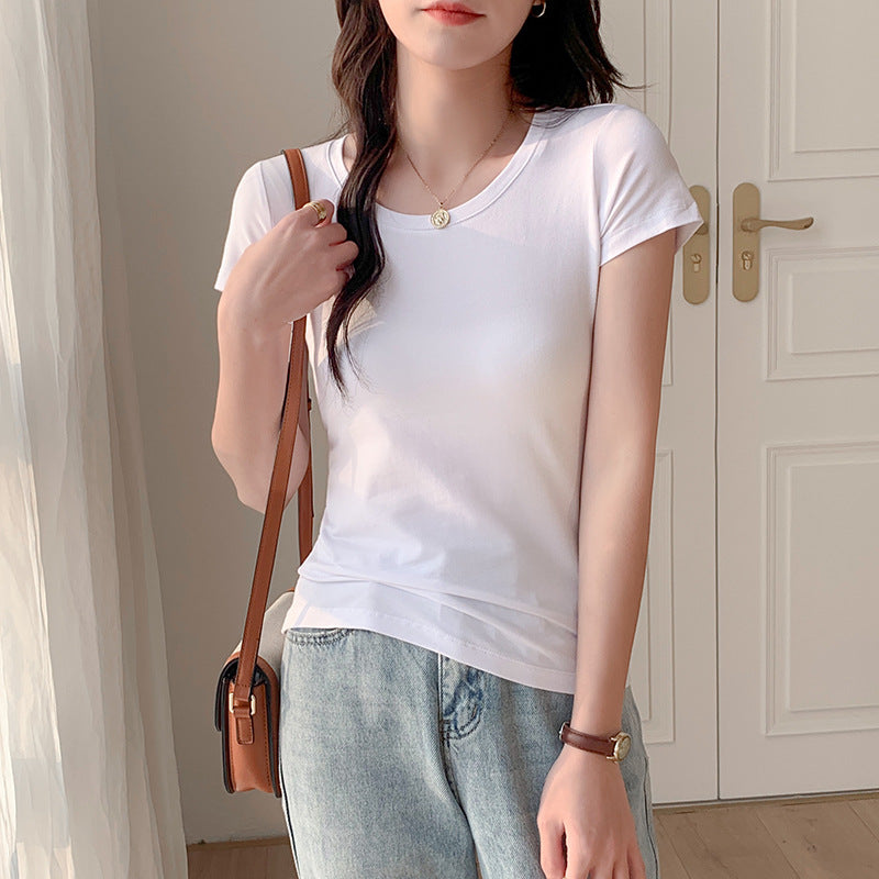Pure cotton white round neck slim short-sleeved t-shirt women's 2025 summer new versatile slim top fashion ins t-shirt