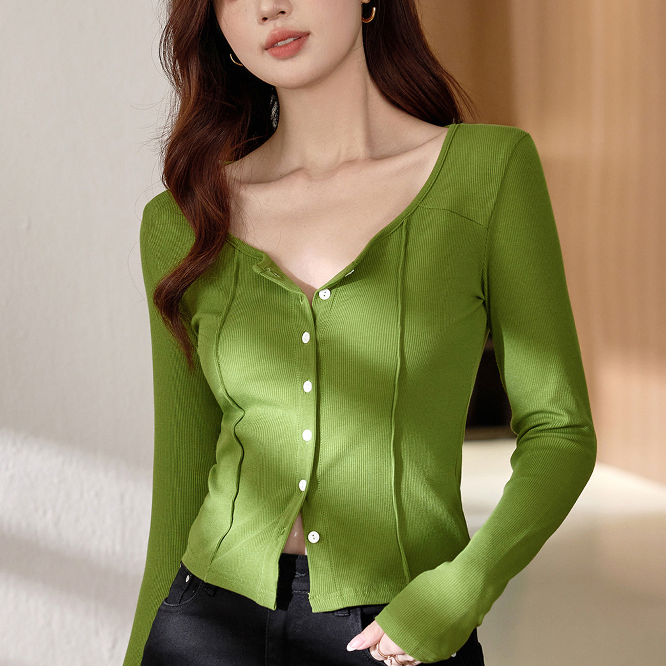 #Quality to make high-quality #shell button high-waisted short T-shirt Spice Girl Navel Sexy Long Sleeve Temperament Pure Cotton Top