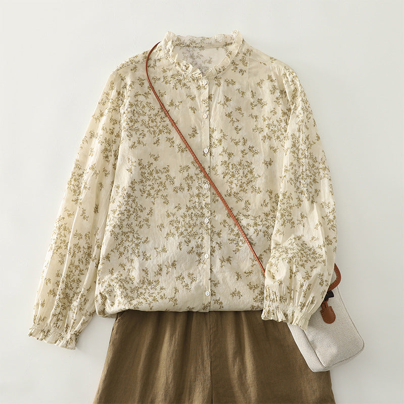 Real shot 2025 autumn new French literary floral lace collar printed shirt top women