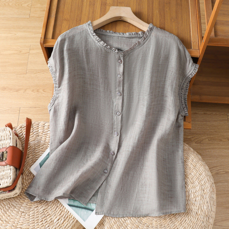 The real shot is in the summer of 2025, cotton and linen are impervious to meat, short short wooden ear edge shirt, single-breasted short-sleeved shirt.