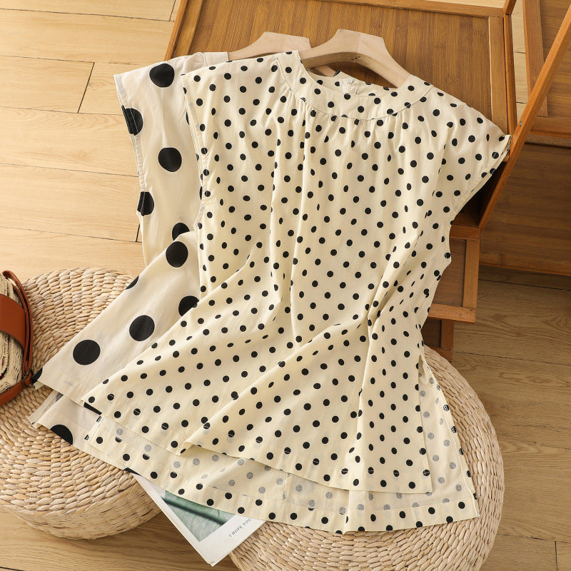 Summer 2025 New Polka Dot Printed Cotton and Linen Top Women's Back Invisible Zipper Split Shirt T-Shirt Women's