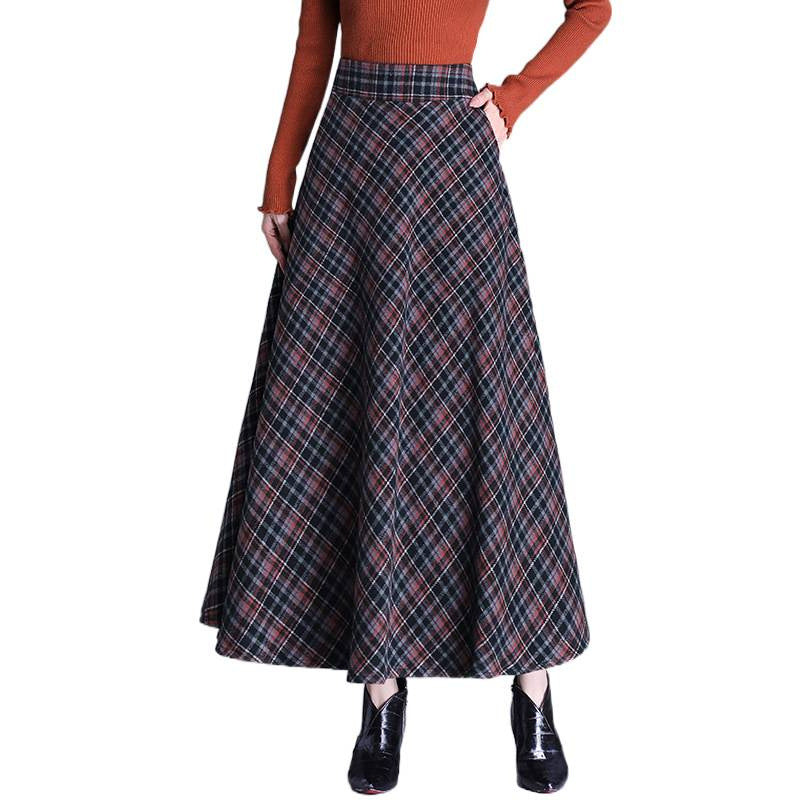 2025 medium and long woolen plaid skirt autumn and winter Korean version thin pleated skirt thickened woolen swinging A-shaped skirt