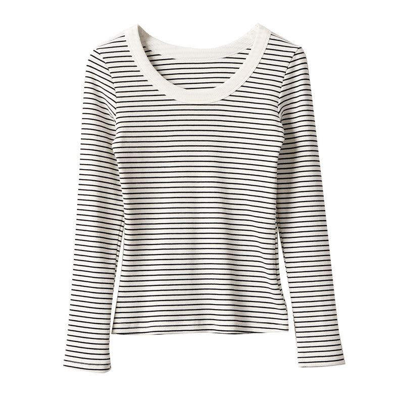 High-quality pure cotton T-shirt women's long-sleeved striped bottoming shirt 2026 autumn new round neck slim-fitting and thin versatile top