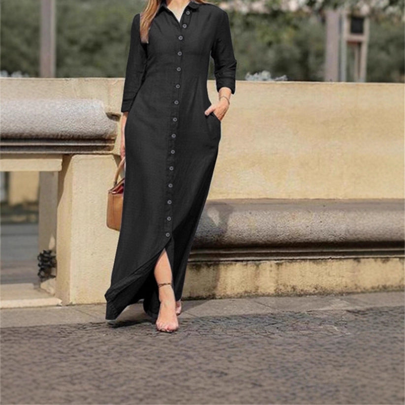 2025 European and American autumn women's clothing temperament elegant fashion neutral style long-sleeved lapel cardigan solid color long denim skirt