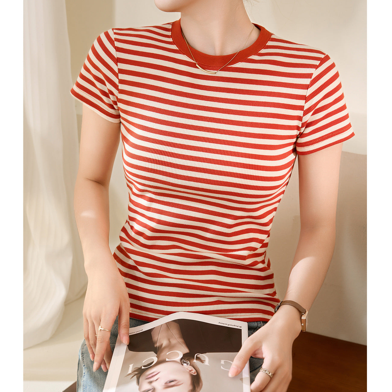 [Use good materials] Striped T-shirt women's summer short-sleeved 2026 new pure cotton retro top slim-fitting and thin bottoming shirt