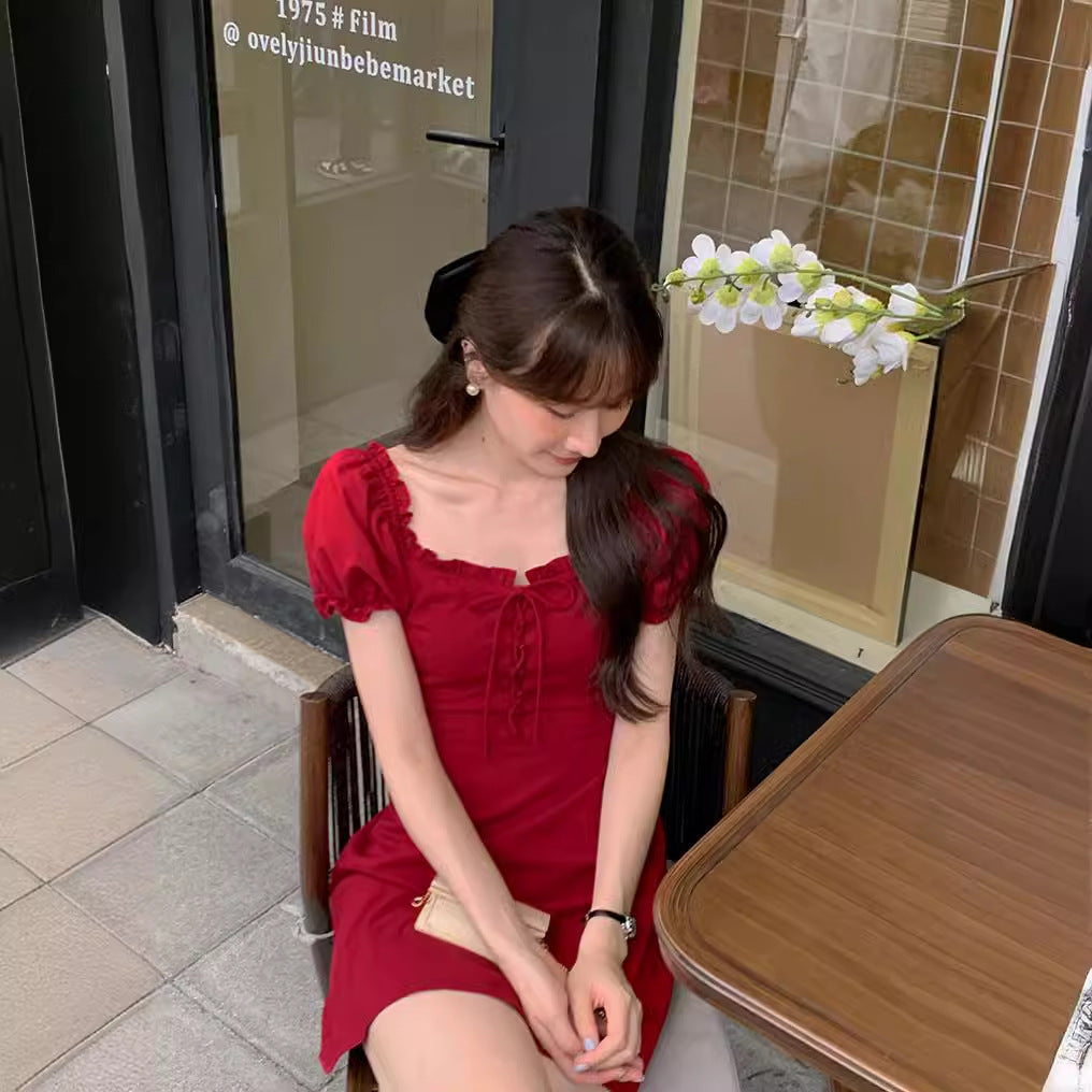 Square neck bubble sleeve dress women's summer Platycodon French design feeling waist thin red a-word short skirt
