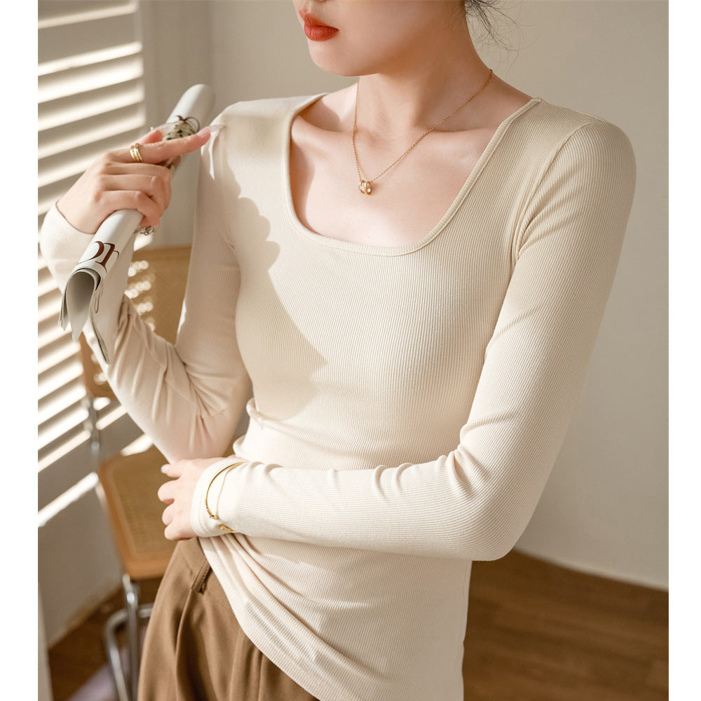 High elastic thin threaded cotton square neck T-shirt women's long sleeves 2026 autumn and winter new outer wear front shoulder tight bottoming shirt top