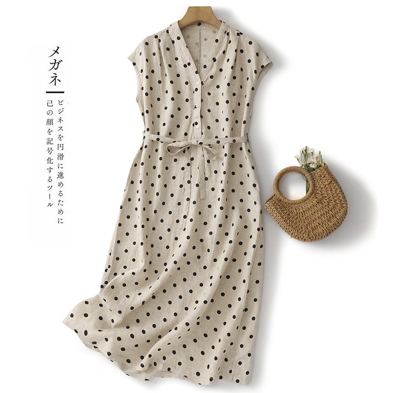 Japan and South Korea 2025 summer new literary loose casual polka dot cotton and linen dress women
