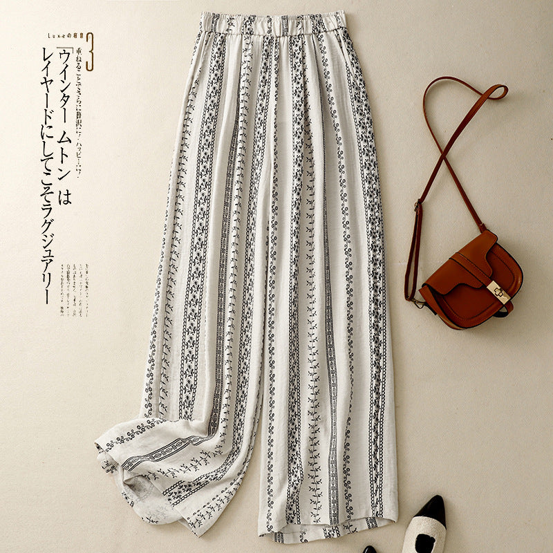 In the summer of 2025, the new printed cotton and linen literary loose and drape casual wide-leg pants for women