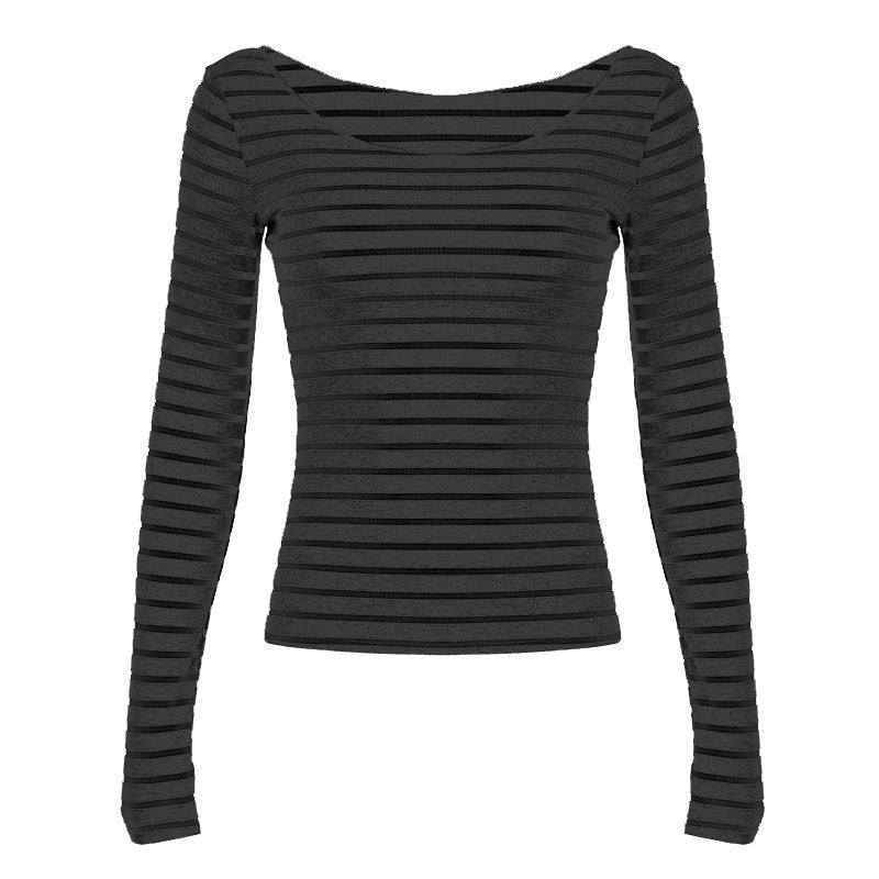 Love cloth forget slanted shoulder striped light and slim long-sleeved T-shirt sexy off-shoulder simple versatile and thin casual top