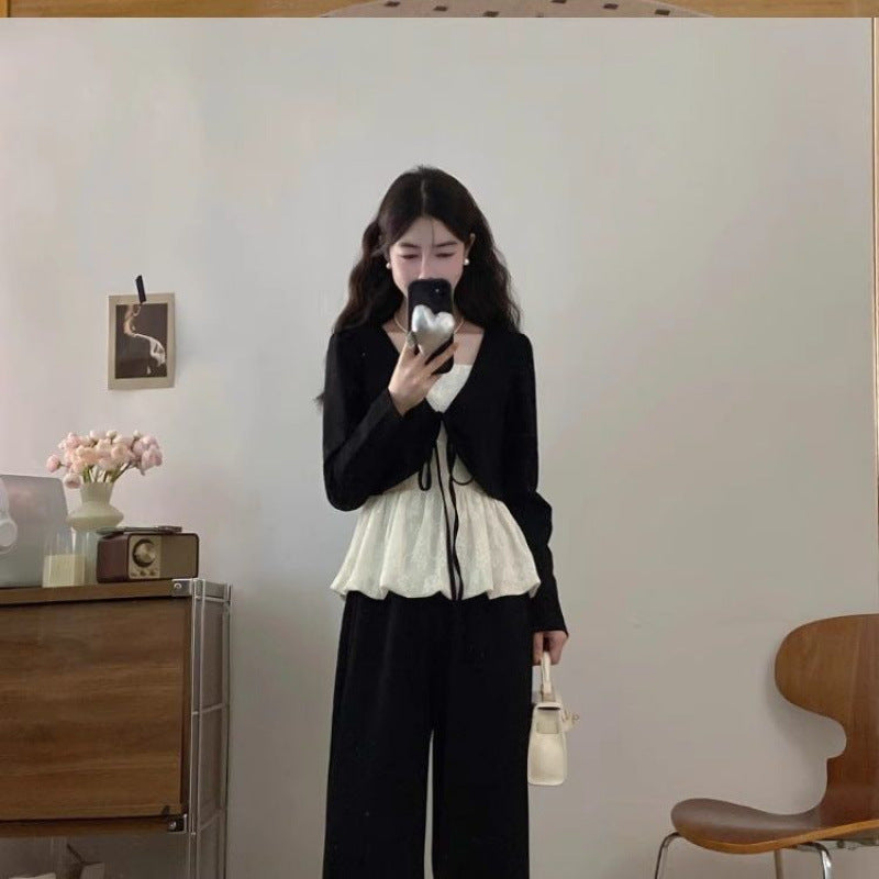 Fat MM plus-size new temperament gentle wind lace spliced strappy top + high-waisted flesh-covering skirt two-piece set