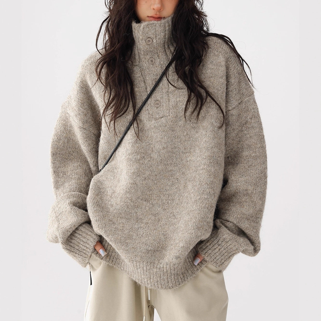 Acestudios simple button decoration soft waxy texture turtleneck sweater sweater pullover jacket tide
