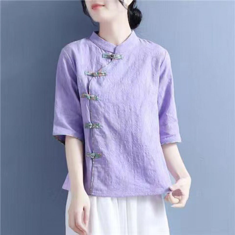 2024 summer new cotton and linen diagonal placket floral disc buckle stand-up collar medium sleeve Chinese style literary and retro shirt top women