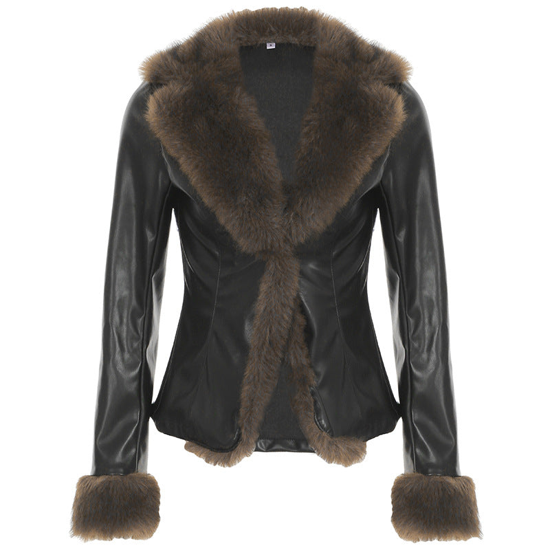 American winter new fur collar V-neck spliced leather jacket street hottie fashion slim fit warm jacket