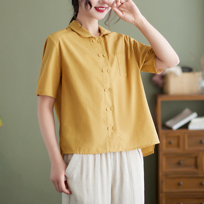 Summer 2024 new literary loose solid color single-breasted retro short-sleeved shirt top women
