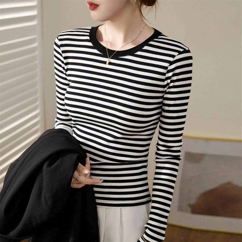 High quality, black and white striped t-shirt women's pure cotton 2026 autumn and winter wear new slim-fit front shoulder top long-sleeved bottoming shirt