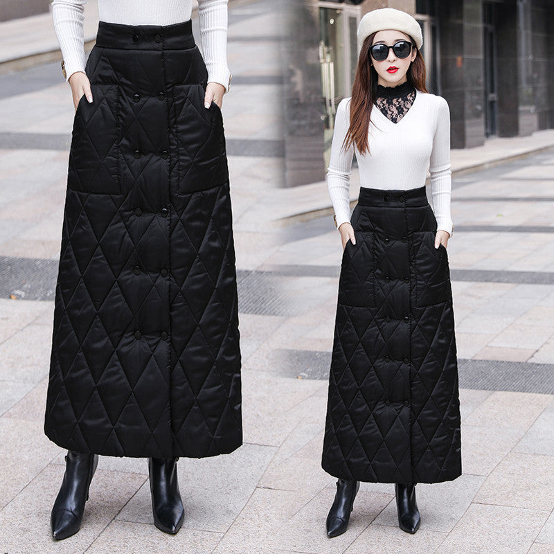 Real shot 2024 winter new double-breasted one-piece thermal cotton skirt women's thickened A-shaped skirt hip-wrapped long skirt