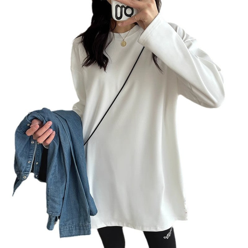 German velvet long-sleeved t-shirt women's spring and autumn medium and long loose white warm inner top bottoming shirt velvet thickened winter