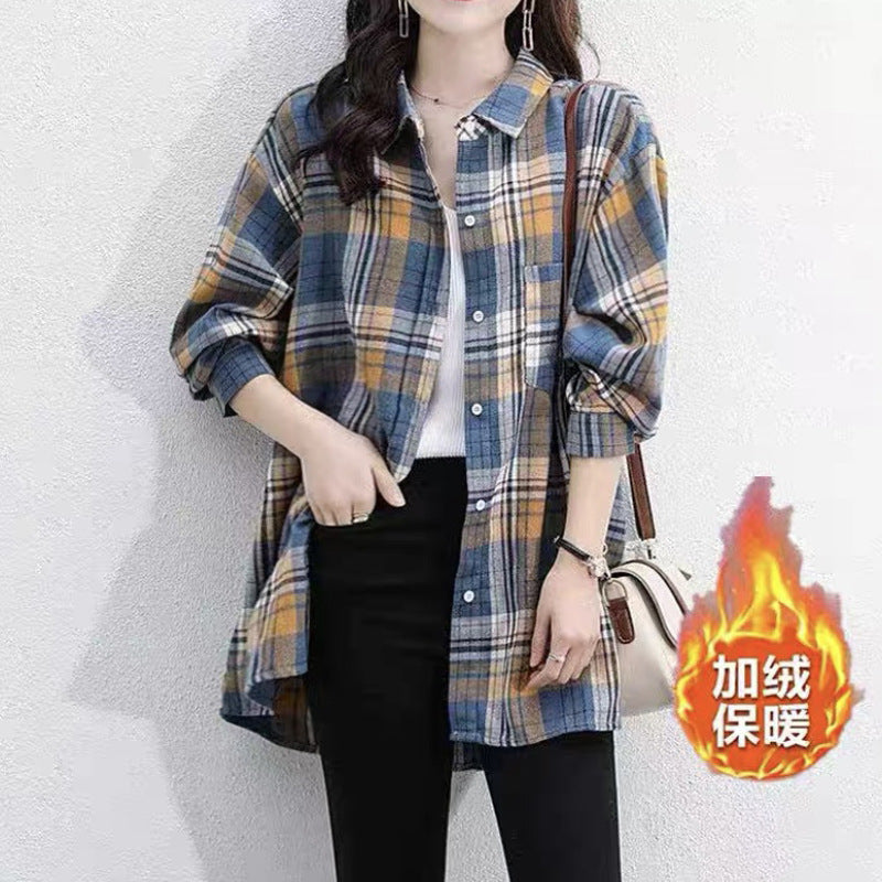 Fleece and thickened plaid women's 2025 autumn and winter new retro long-sleeved medium and long shirt jacket