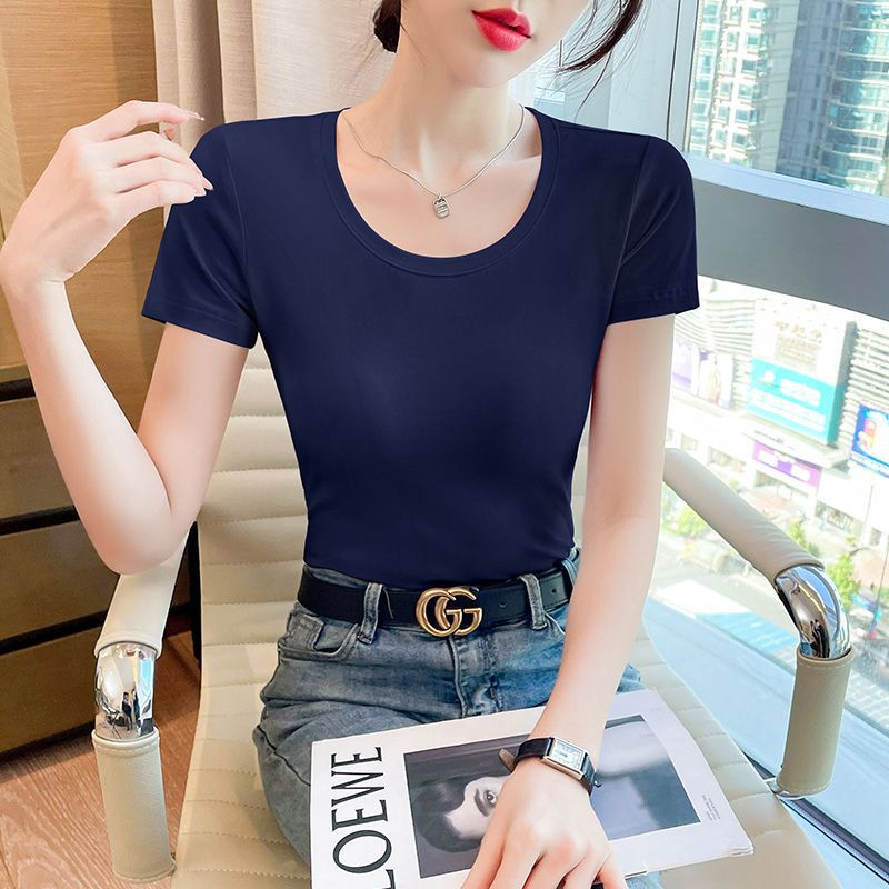 Lotus root pink short-sleeved t-shirt women's pure cotton waist summer 2025 early summer wear unique and beautiful waist pinch versatile top