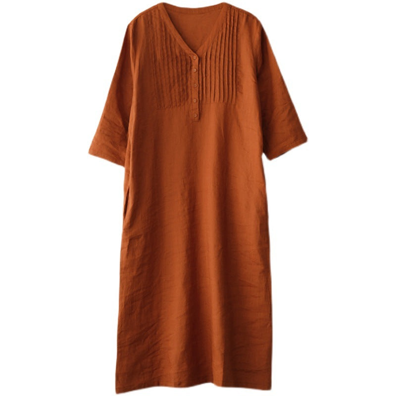 2024 summer new literary loose splicing solid color cotton and linen V-neck five-quarter sleeve dress women's medium and long 9880 #
