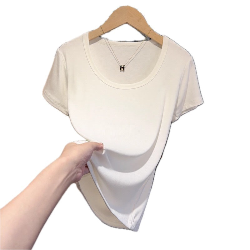 Black u-neck short-sleeved t-shirt women's summer 2025 new Korean version versatile tights with bottoms and tops