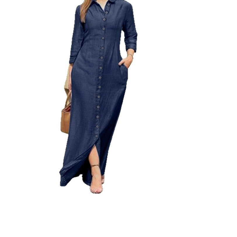 2025 European and American autumn women's clothing temperament elegant fashion neutral style long-sleeved lapel cardigan solid color long denim skirt