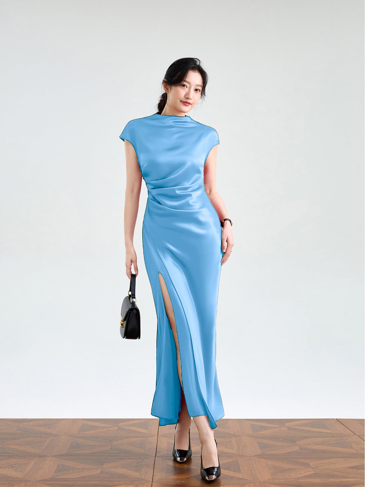 Haute couture imported acetic acid, pure desire style semi-turtleneck satin dress temperament thin split fork fish tail long dress French