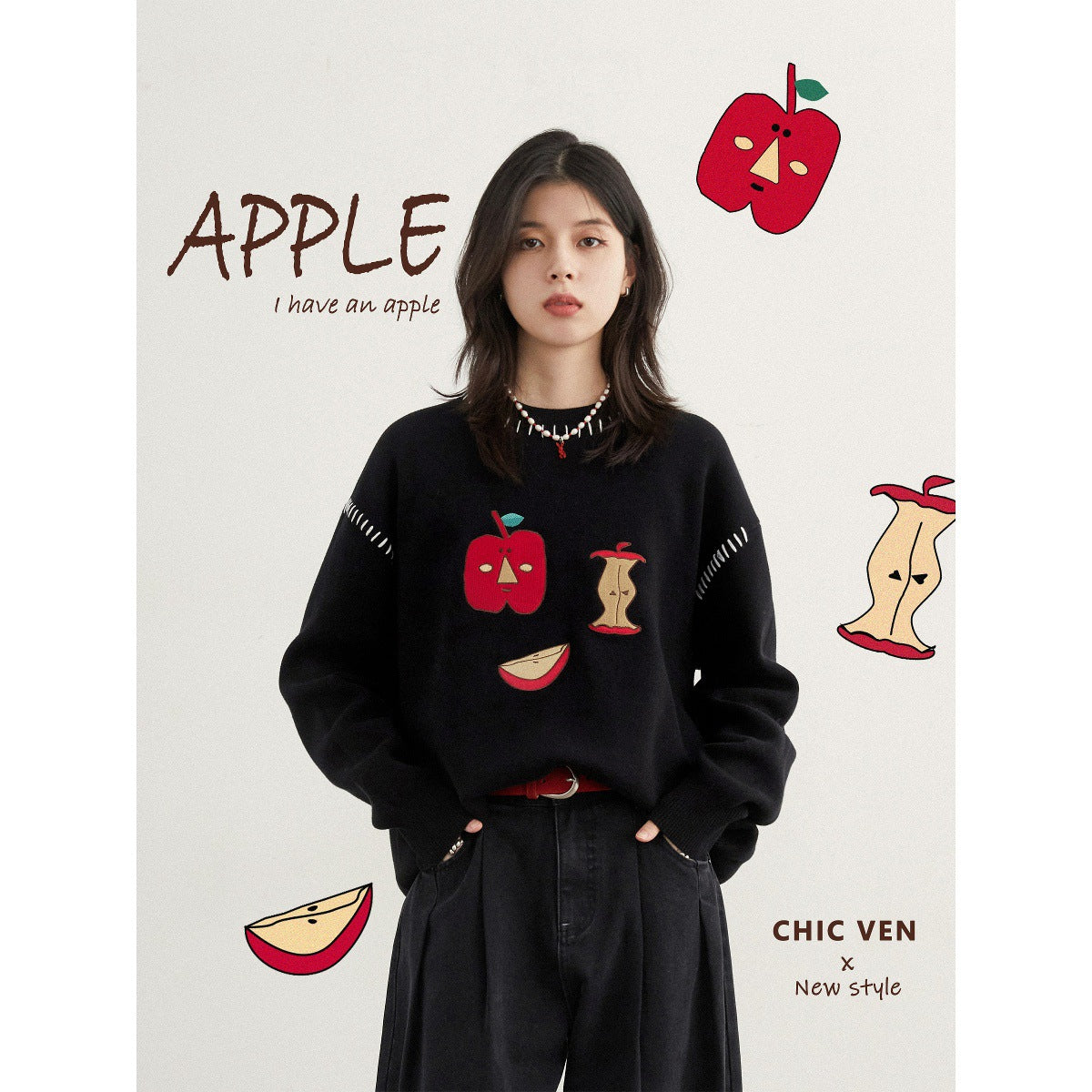 CHICVEN "Retro" Winter Loose Cotton Crew Neck Apple Embroidered Sweater Warm Comfort Top