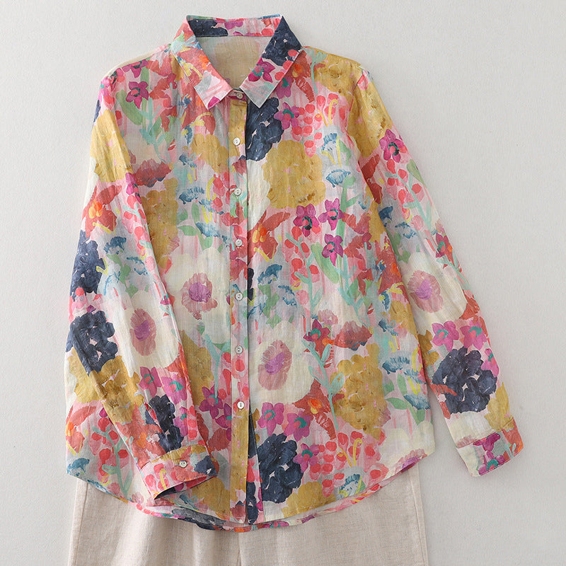 Real shot Spring 2025 new cotton and linen floral French niche printing long-sleeved shirt blouse #1077