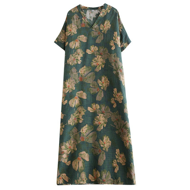 Real shot 2024 summer thin cotton and linen V-neck large size loose vacation wind beach dress retro medium and long dress women