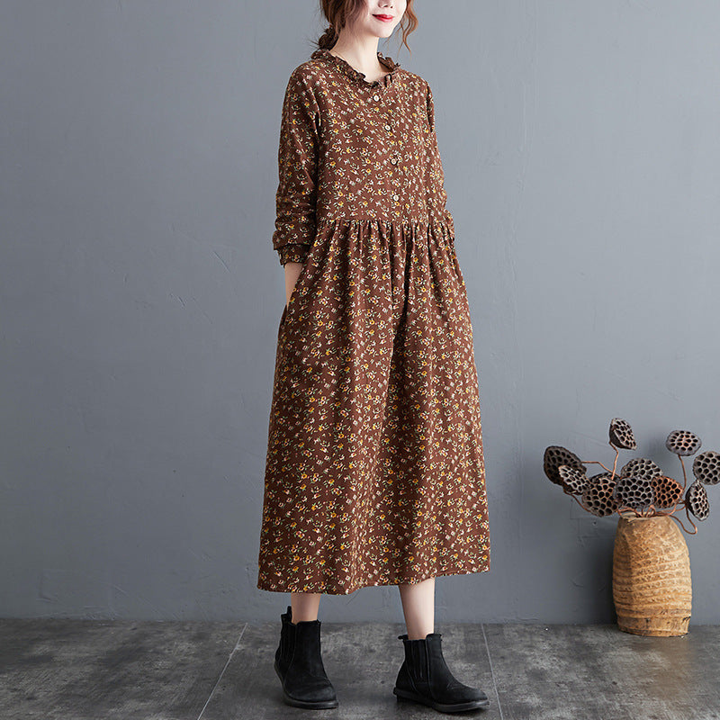 Real shot 2024 autumn new retro literary cotton and linen loose large size floral long-sleeved dress women