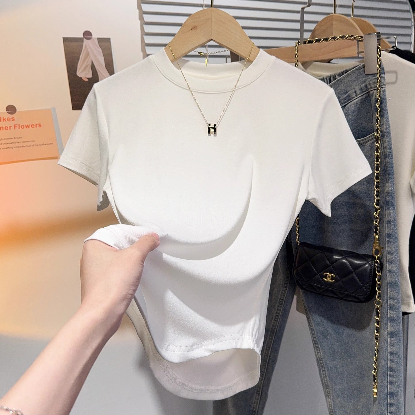 Summer short-sleeved T-shirt women's apricot small stand-up collar front shoulder curved hem slim-fitting American Spice Girl top bottoming shirt tide