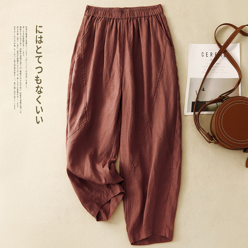 Real shot 2025 summer new cotton and linen large size elastic waist solid color loose and thin nine-point Harlan pants women