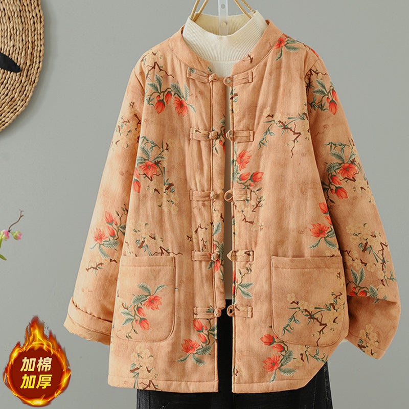 New Chinese style floral cotton clothes for women's winter 2025 new buckled cotton jacket