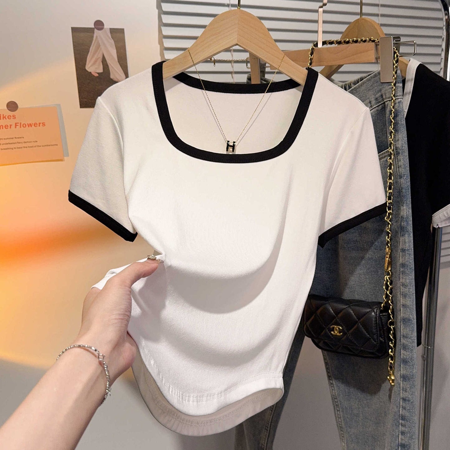 Threaded Versatile Shoulder Square Neck Arc Pendulum Short Sleeve T-Shirt Women's Summer Contrast Color Skinny Bottom Shirt Short Top