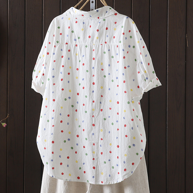 Real shot 2024 summer new literary and retro loose and thin printing casual age-reducing short-sleeved shirt top women