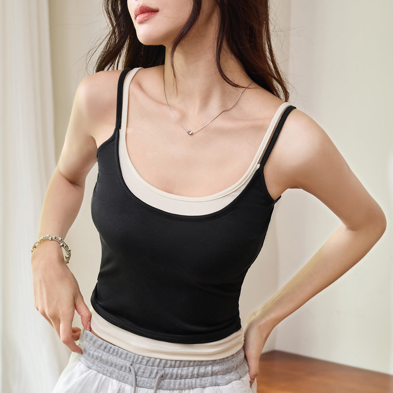 #Lyocell cotton, Zhen quality #fake two pieces design sense contrasting color sling vest women's summer new foreign style fashionable