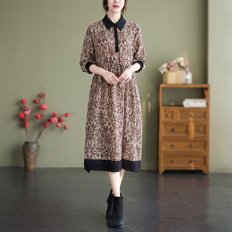Real shot 2025 spring new literary and loose printing cotton and linen lapel long-sleeved dress women's medium and long style #969