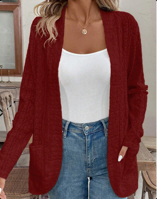 2025 autumn European and American women's clothing cross-border Amazon independent station solid color jacquard hollow casual long-sleeved cardigan