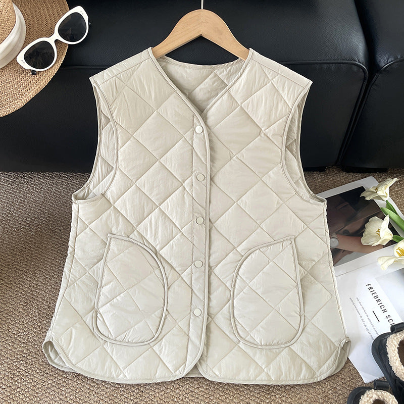 2025 autumn and winter new literary and retro rhombus cotton hemming snap button cotton vest