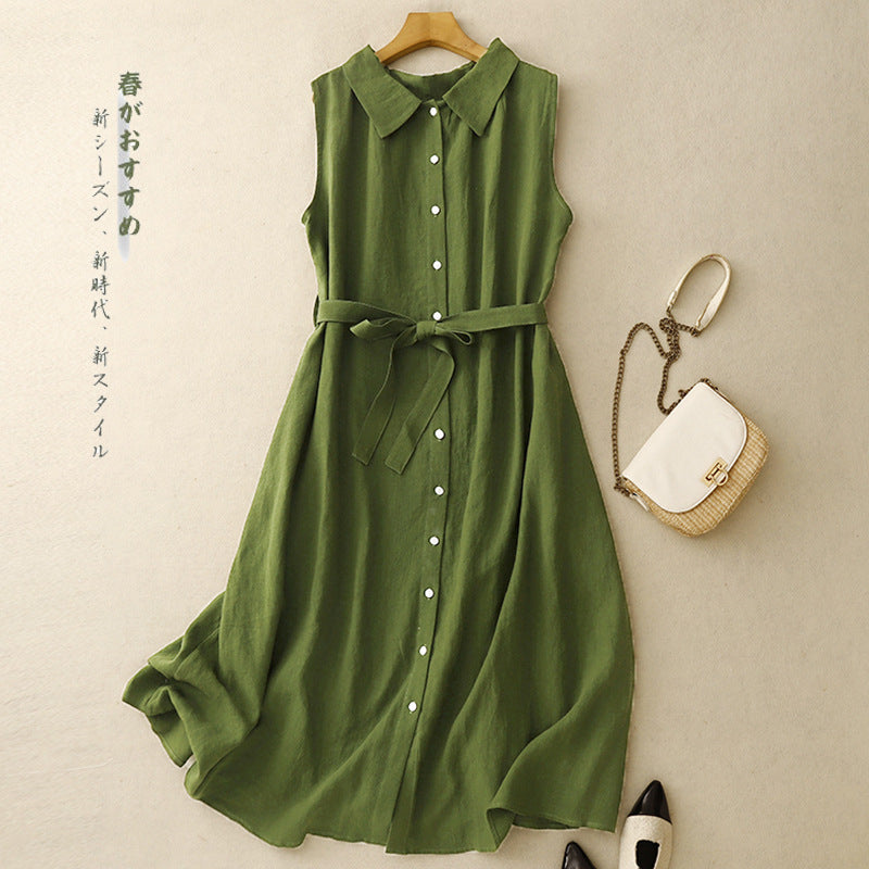 2025 summer new literary loose and thin lace-up medium and long sleeveless shirt dress women's clothing
