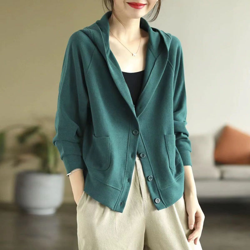 2025 autumn new simple commuter solid color long-sleeved top hooded jacket women